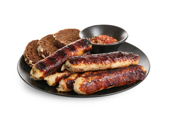 Plate with tasty grilled sausages on white background