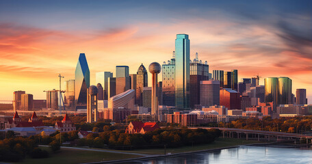 Fototapeta premium The city skyline at dusk, with the setting sun casting its golden glow on skyscrapers