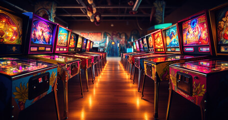 Row of classic pinball machines in an arcade, featuring vintage designs and colorful lights - obrazy, fototapety, plakaty