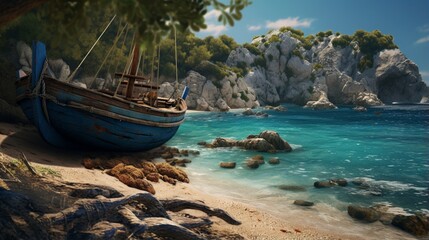 Fototapeta na wymiar A secret shoreline, where rustic boats blend seamlessly with the turquoise waters.