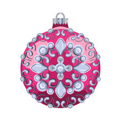 Fototapeta premium Red Christmas ball with silver ornaments isolated on white background. Vector illustration.