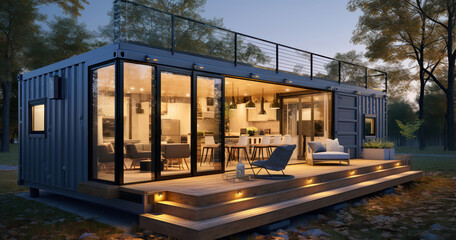 Fototapeta premium Innovative container home featuring sustainable materials and modern, minimalist interiors