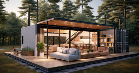 Innovative container home featuring sustainable materials and modern, minimalist interiors - obrazy, fototapety, plakaty