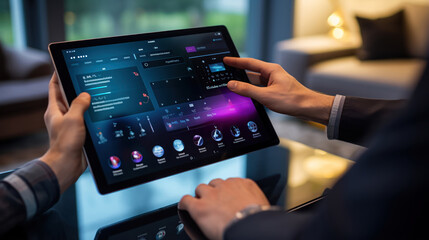 Hand interacting with a smart home control panel on a tablet device - obrazy, fototapety, plakaty