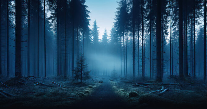Serene forest scene captured during twilight, with fog rolling in between the trees