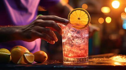 Bartender hand garnishing a tropical cocktail with a slice of lime - obrazy, fototapety, plakaty