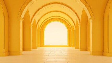 3D illustration yellow symmetric minimalist exhibition background. Empty room studio background wall display products.