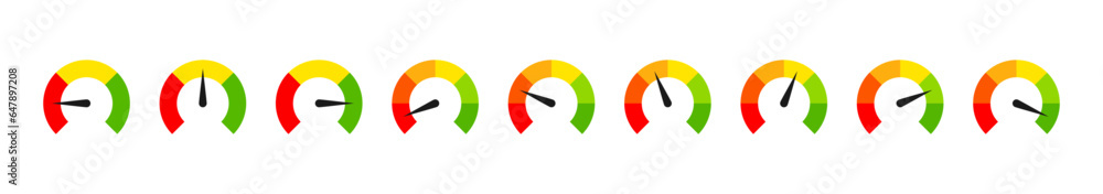 Aufkleber Dashboard speedometer icons set. Tachometer icon collection. Performance indicator signs. Feedback Rating meter, level scale speed icon in flat style. Fast internet speed sign. vector elements