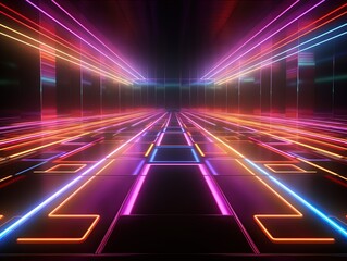 abstract 3D geometric background with glowing stripes, empty room with floor reflections, Generative Ai 