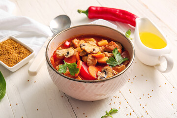 Bowl of tasty beef stew on white wooden background