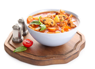 Bowl of tasty beef stew on white background