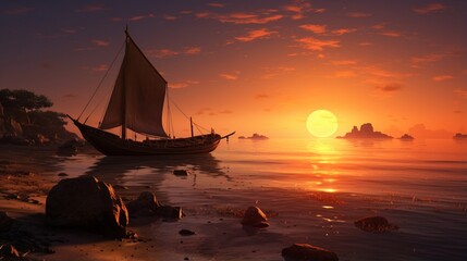 Create a serene coastal scene at sunset, with traditional fishing boats gently resting on the tranquil waters, all bathed in the warm, golden hues of dusk.