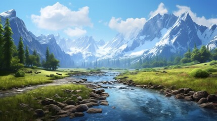 A tranquil river winds through a valley, its waters crystal-clear, reflecting the azure sky above.