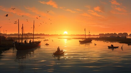 Fototapeta na wymiar Create a serene coastal scene at sunset, with traditional fishing boats gently resting on the tranquil waters, all bathed in the warm, golden hues of dusk.