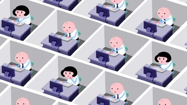 Cartoon office man and women employees in cubicles explainer style color. Workers in a big office. They are working all day with no break. Seamles loop of the futuristic society.
