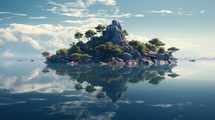 rest in the embrace of a secluded island's shores, their reflections creating a perfect mirror image on the still water.