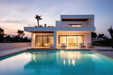 Fototapeta premium Modern minimalist cubic mansion with swimming pool at sunset