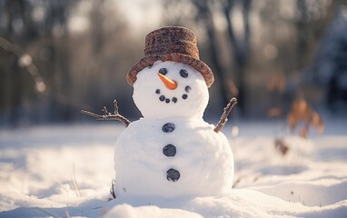 Happy snowman in winter secenery. Generative AI