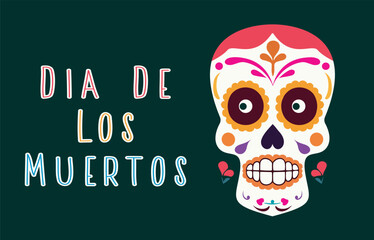 Day of the dead background, Dia de los Muertos, banner with colorful Mexican sugar skull. Fiesta, holiday poster, illustration, flyer, greeting card