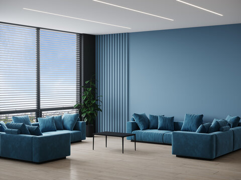 Living room in deep dark colors accent. Trendy blue interior in a minimalist modern style with navy furniture. Empty painted wall for art. Mockup design home lounge or hall office reception. 3d render