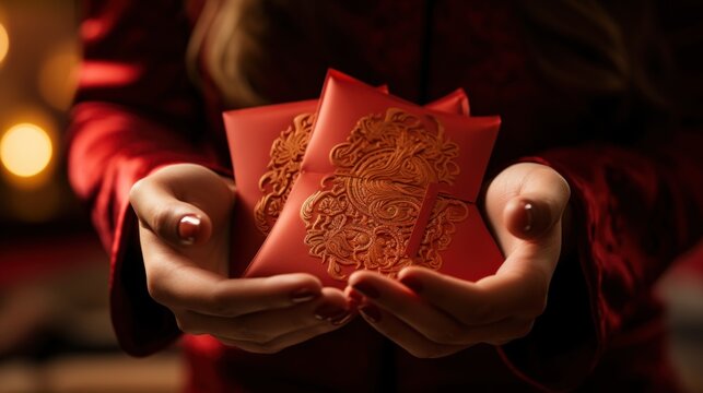 Hand holding pair if red envelope, gift at chinese new year