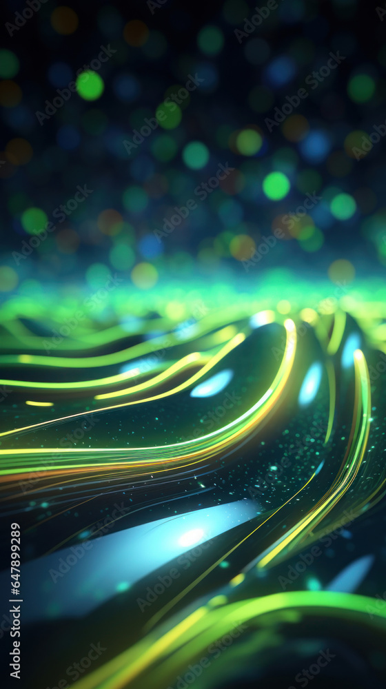Poster abstract background with gold, green, blue glowing neon moving high speed line and wave and bokeh li