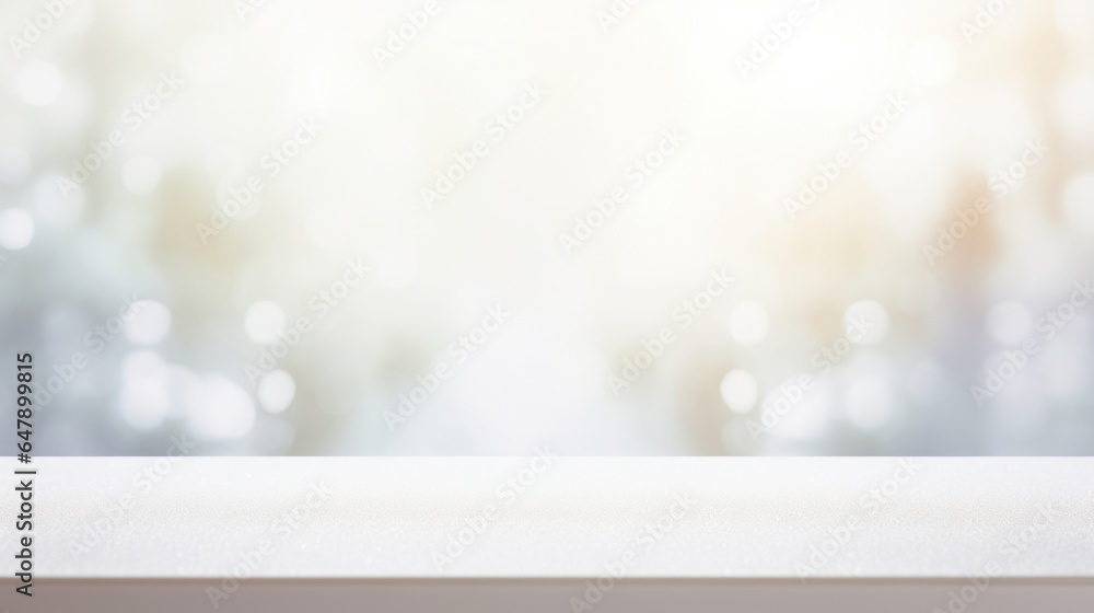 Poster empty white table blurred on soft light gently bokeh background