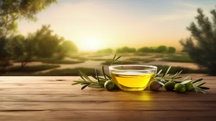  Olive oil and olive branch on the wooden table over nature background. © red_orange_stock