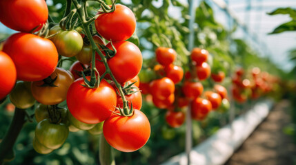 Ripe tomatoes on the vine in an organic greenhouse - Powered by Adobe