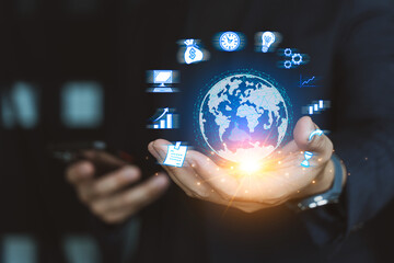 Business people holding virtual Global Internet connection, Internet connection application technology, Business digital marketing, Financial and banking, Big data and technology cloud server.