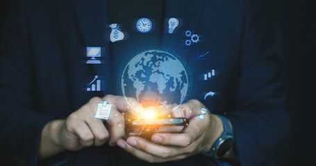 Business people holding virtual Global Internet connection, Internet connection application technology, Business digital marketing, Financial and banking, Big data and technology cloud server.