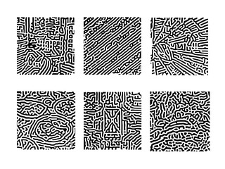 Turing reaction diffusion monochrome seamless pattern with chaotic motion. Natural background with organic structures. Vector illustration of chemical morphogenesis concept. Curvy doodle labyrinth