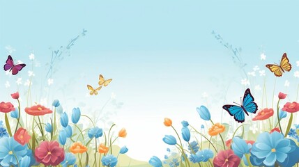 background Flower garden with fluttering butterflies
