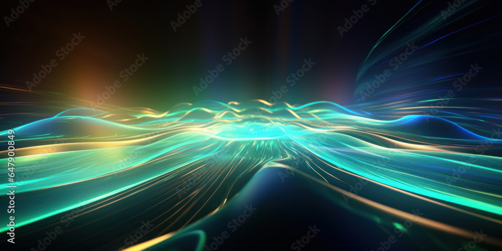 Poster abstract background with gold, green, blue glowing neon moving high speed line and wave and bokeh li