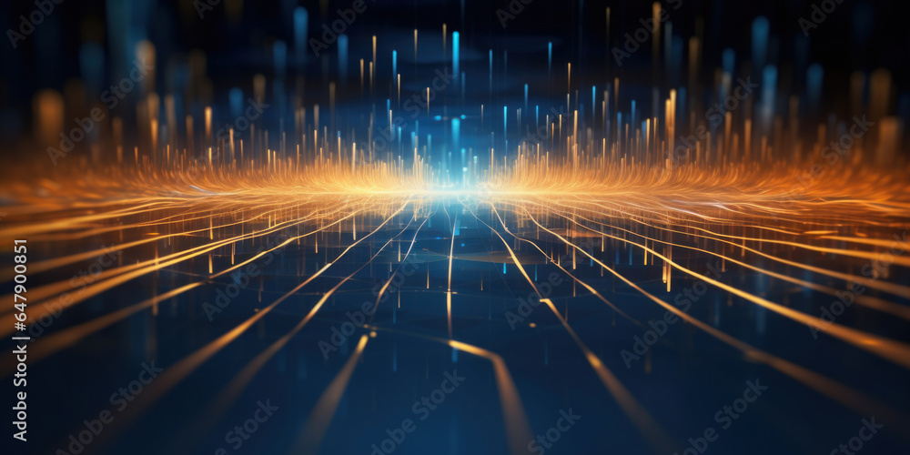 Poster abstract background with gold and blue glowing neon moving high speed line and wave and bokeh lights