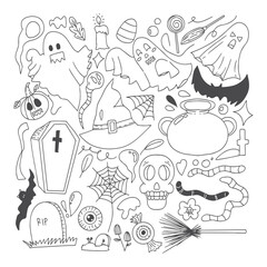watercolor halloween set of isolated ghost, hat, skull element design. outline doodle halloween