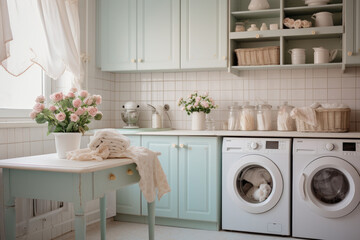 Reminiscing the Past: Step into a Charming Vintage Laundry Room Adorned in Pastel Blue and White hues