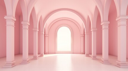 3D illustration pink symmetric minimalist exhibition background. Empty room studio background wall display products.