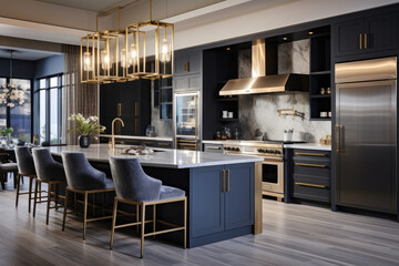 Elegant Indigo Tones Unite in a Contemporary Kitchen Oasis, Blending Modern Design with a Calming Color Palette
