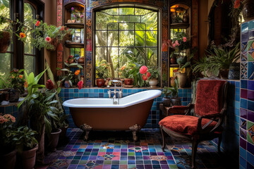 Fototapeta na wymiar Vibrant Oasis: Step into a Bohemian Bathroom Adorned with Colorful Tiles and Eclectic Decor