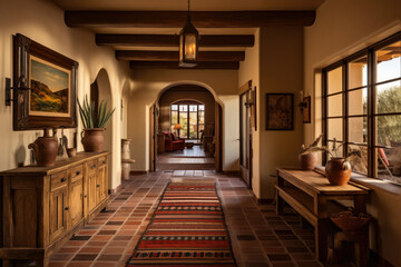 A Vibrant Southwestern Style Hallway Interior with Rustic Charm and Cultural Accents