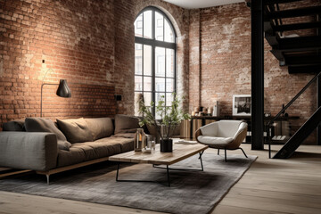 A Stunning Scandinavian Industrial Style Hallway Interior with Exposed Brick Walls, Minimalist Furniture, and Abundant Natural Light