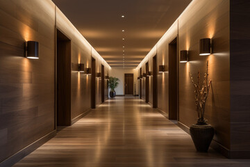 Naklejka premium A Serene Brown-Colored Hallway Interior with Elegant Wooden Accents and Soft Ambient Lighting