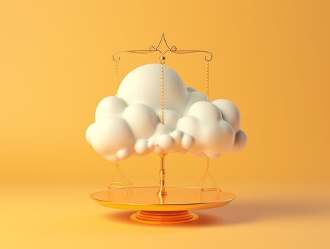 Paradox of cloud and heavy weight placed on scales, isolated on yellow background. Abstract balance or comparison concept. Generative Ai 