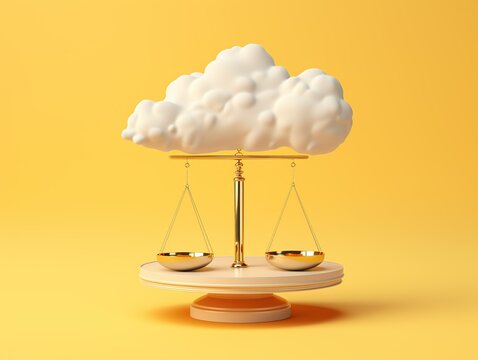Paradox of cloud and heavy weight placed on scales, isolated on yellow background. Abstract balance or comparison concept. Generative Ai 