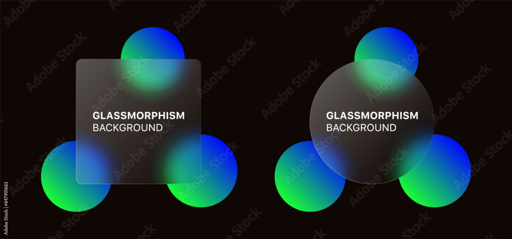 Poster glassmorphism background banner with transparent glass frame template . Realistic Frosted glass morphism effect with blurred abstract gradient blue green circle shapes. Vector illustration