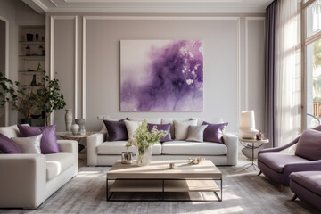 A Luxurious and Serene Living Room Interior in a Harmonious Blend of Purple and White Colors