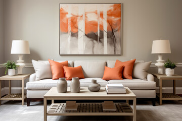 A Serene and Elegant Living Room Interior in a Harmonious Blend of Gray and Coral Colors