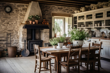 Fototapeta na wymiar A Cozy Rustic Dining Room with Earthy Tones and Charming Wooden Accents
