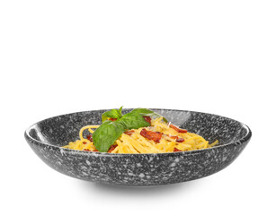 Bowl with tasty pasta carbonara on white background